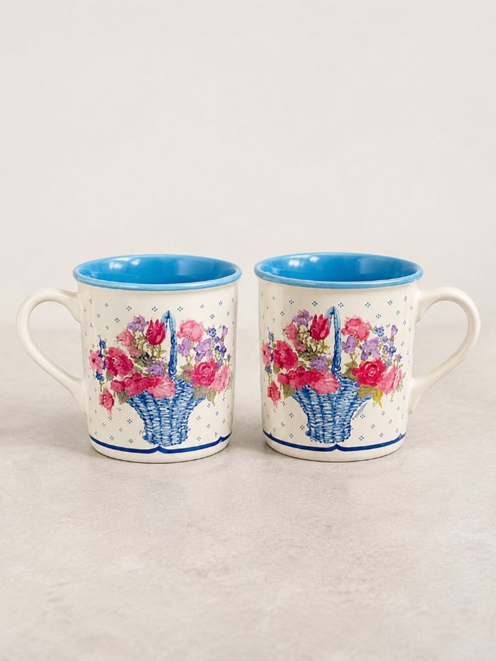 Vintage 1988 Potpourri Press Floral Basket Mugs Set of 2 Blue Interior Korea 8oz
